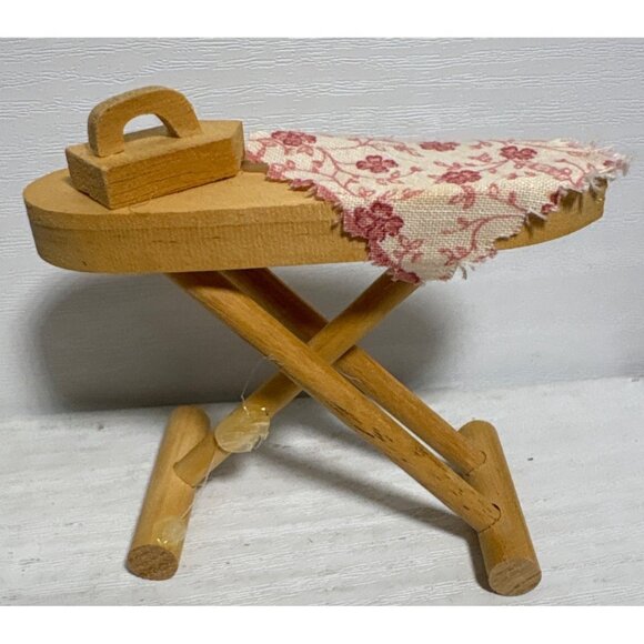 Miniature Wooden Ironing Board & Basket Iron Floral Cloth Dollhouse Laundry Room - Picture 2 of 9